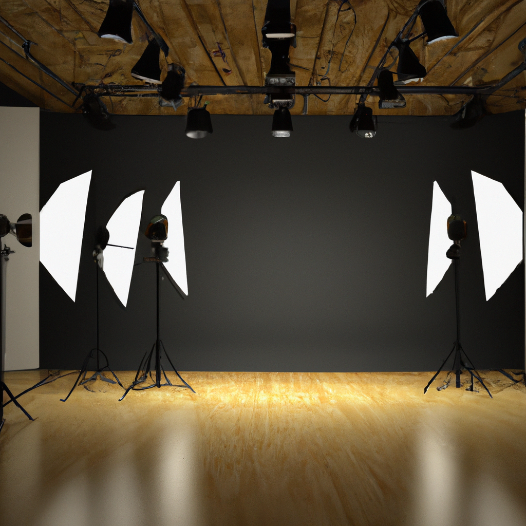 Estudio de fotografía iluminado por luz suave con fondos y focos profesionales